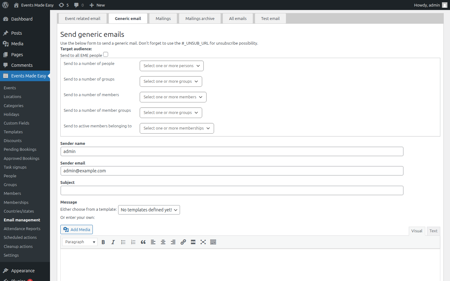Email management with mailings, scheduling, target groups, and newsletter functionality