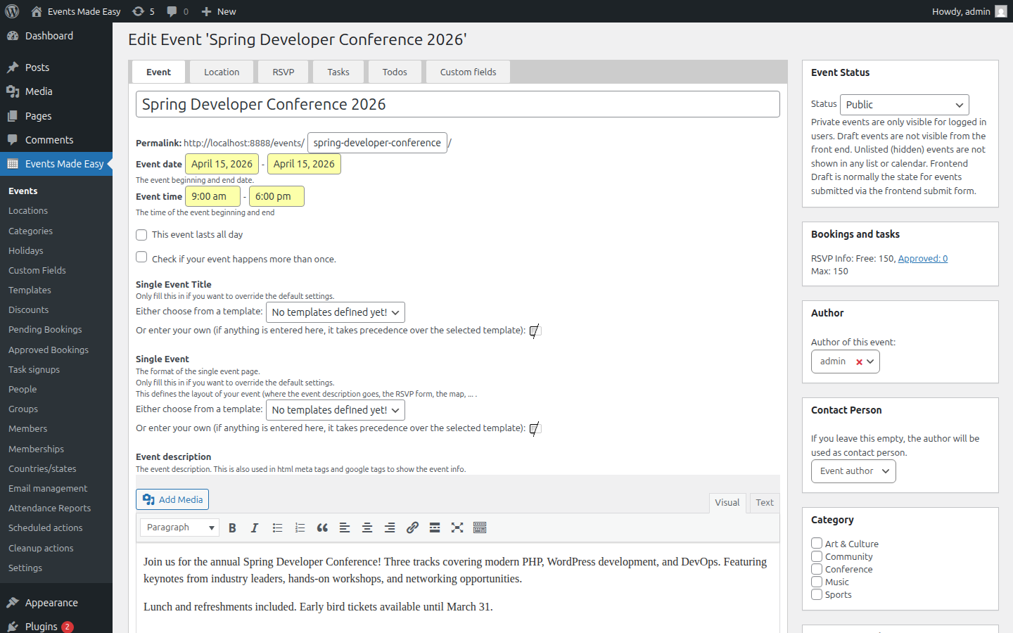 Event editor with title, dates, location, RSVP settings, description, and booking configuration