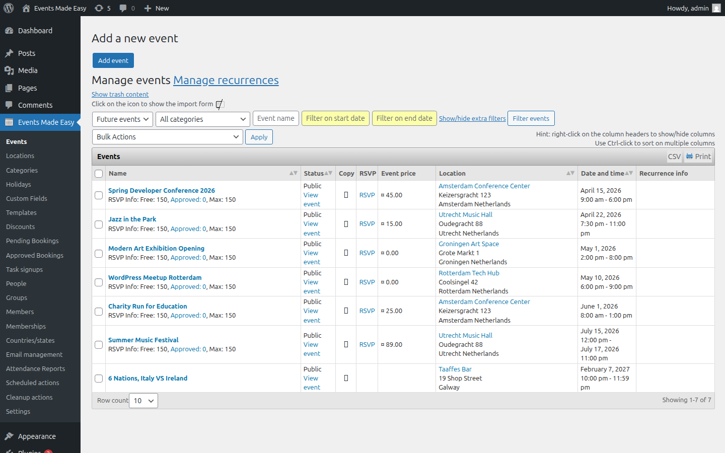 Events management dashboard showing event list with status, dates, RSVP counts, and bulk actions