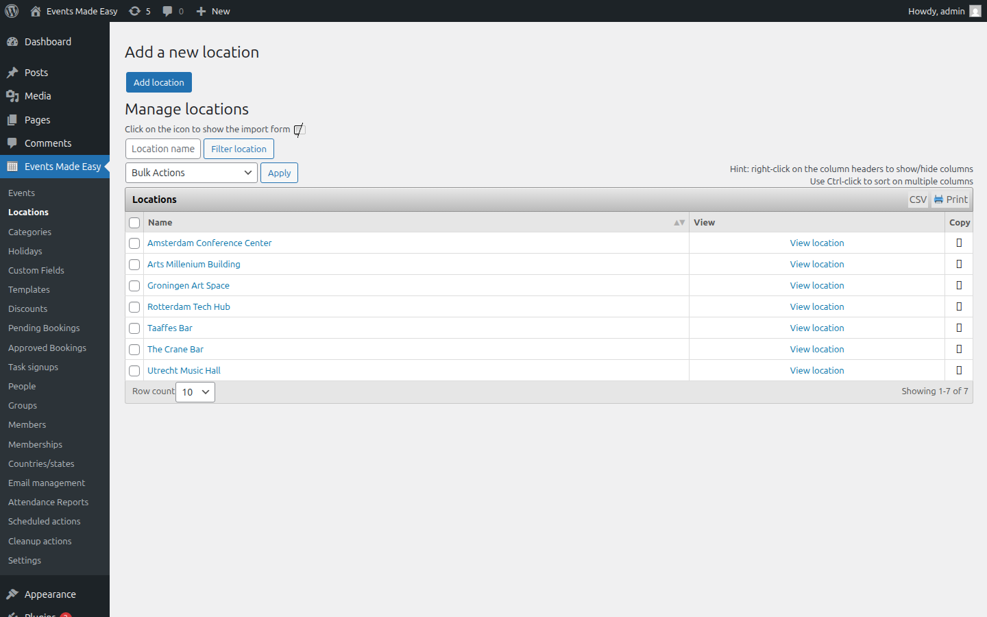 Location management with venue list, filtering, and CSV export