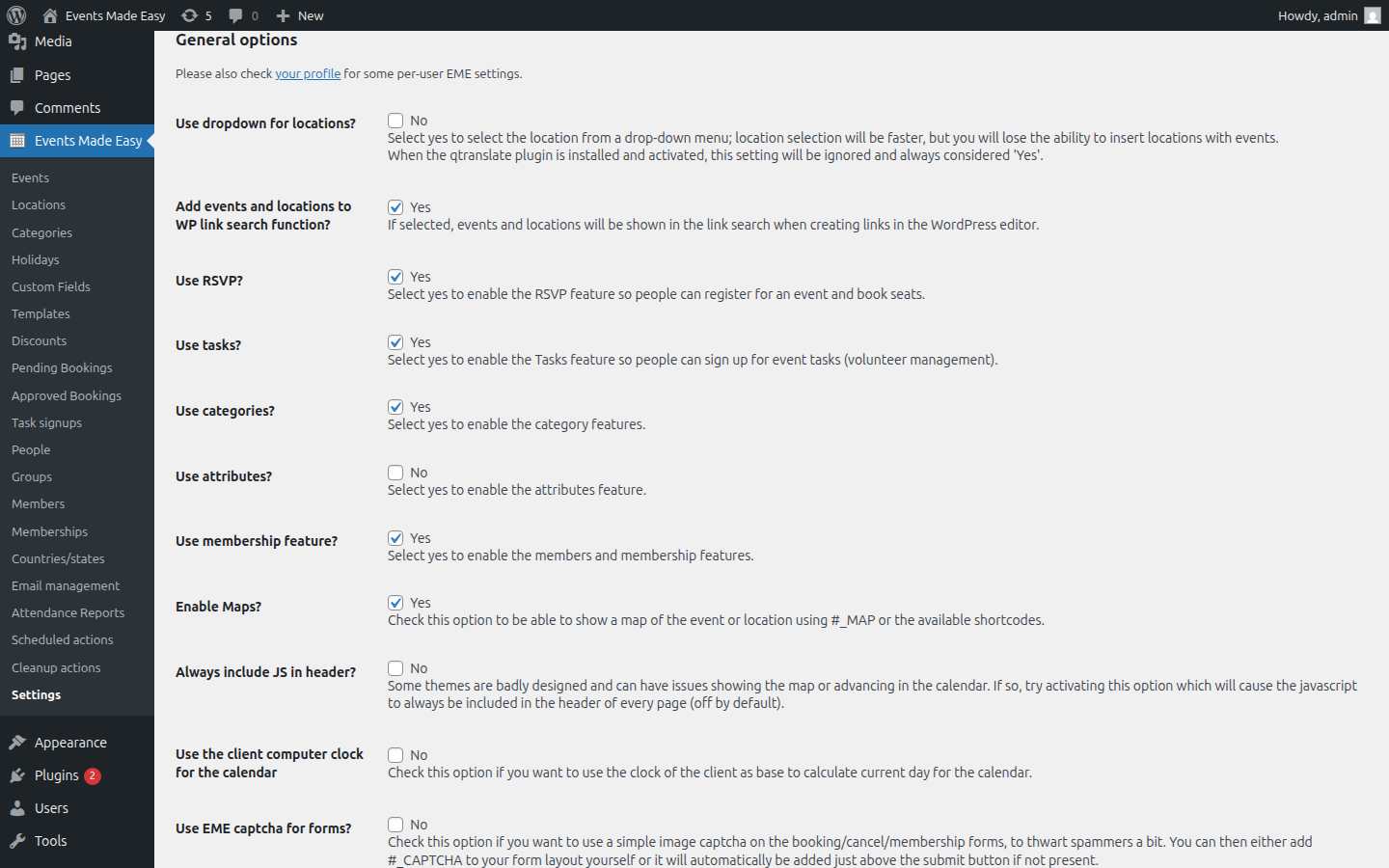 Plugin settings with tabs for general options, RSVP, payments, maps, and email configuration