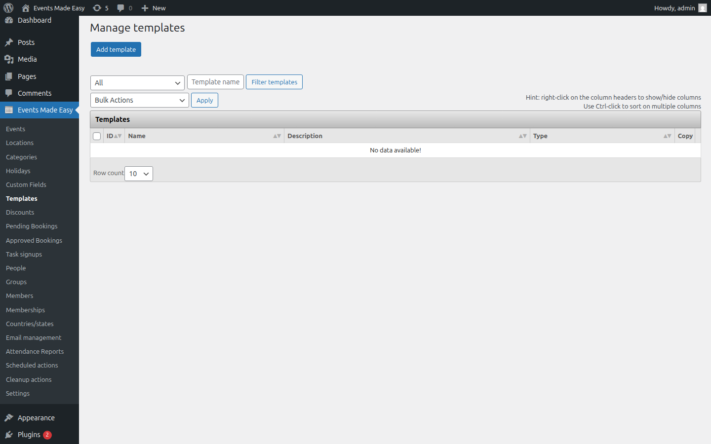 Template management for event lists, emails, PDFs, and RSVP forms