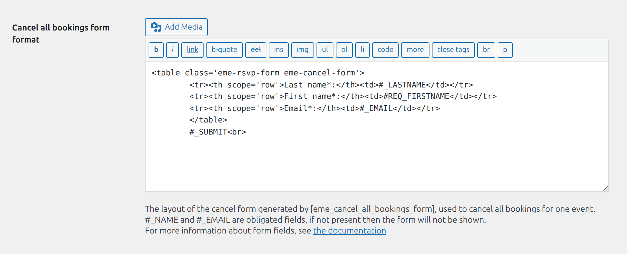 EME Settings - Cancel all bookings form format