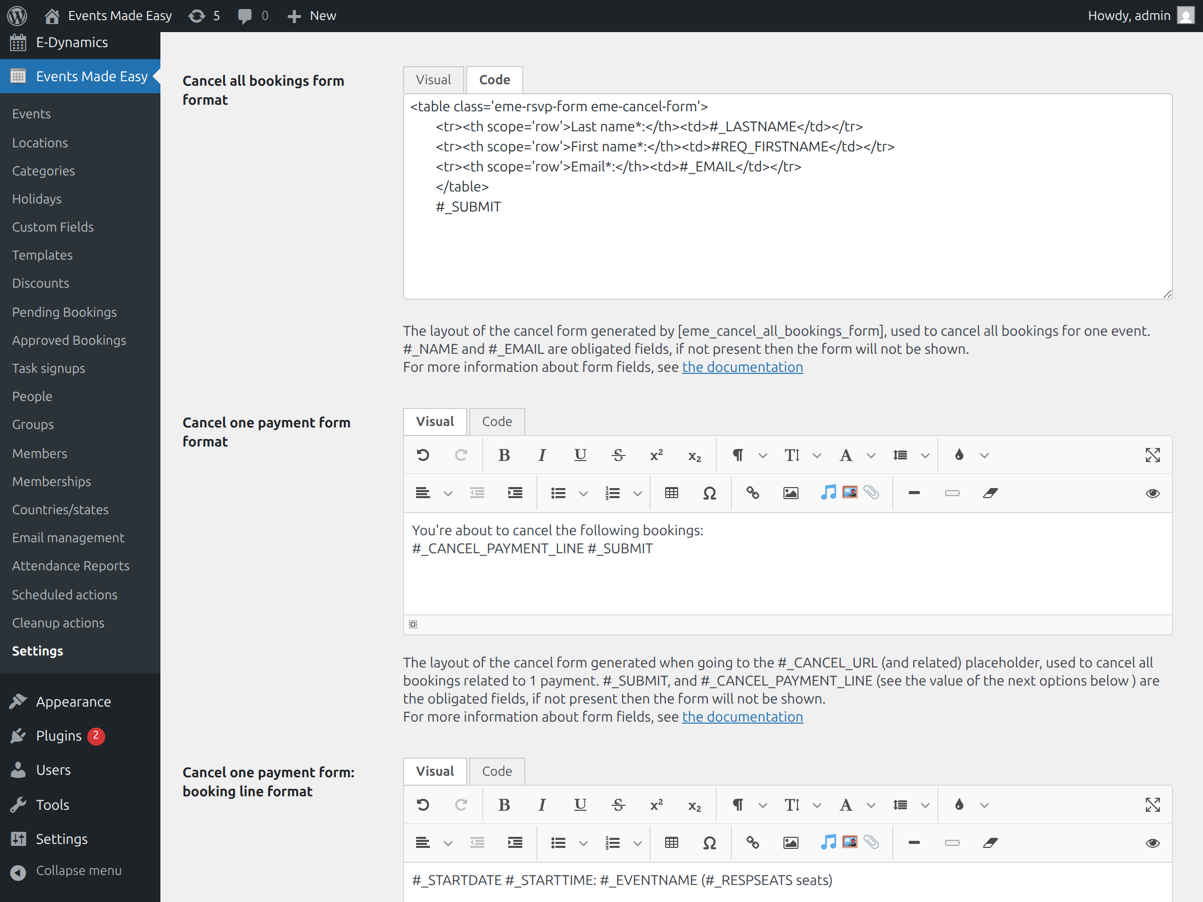 EME Settings - Cancel all bookings form format