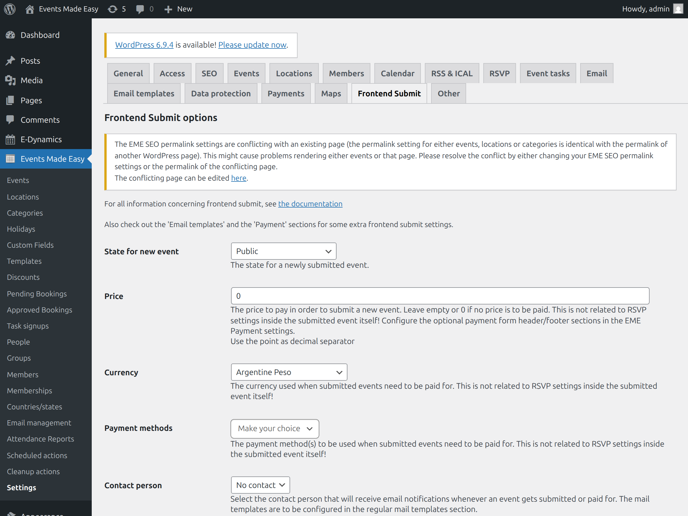EME Settings - Frontend Submit options