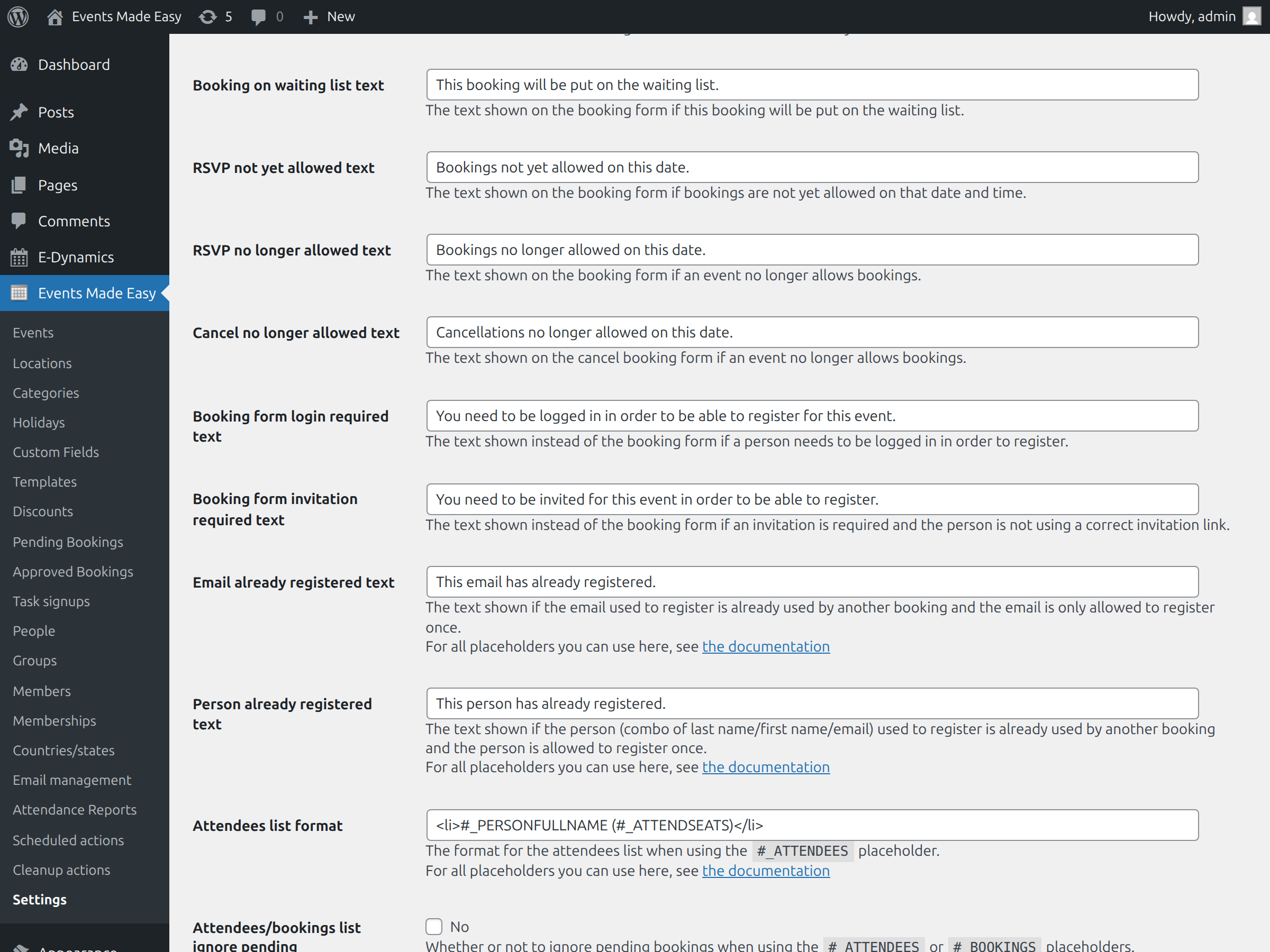 EME Settings - Waiting list options
