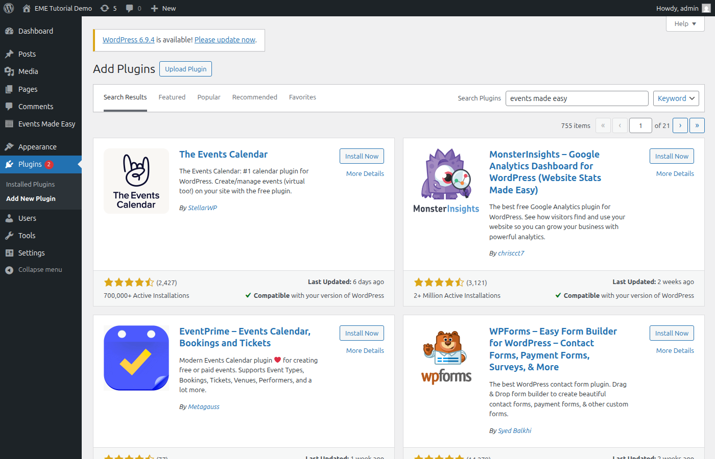 WordPress plugin search showing Events Made Easy