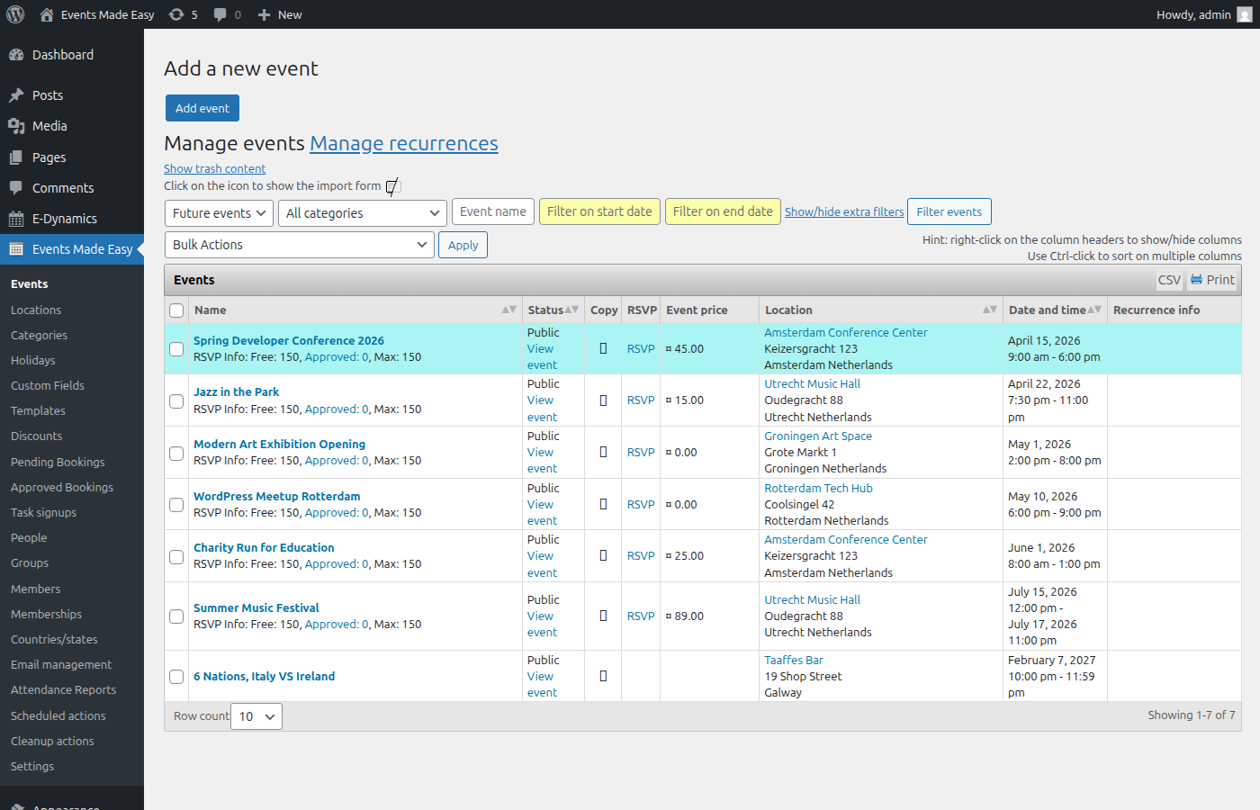 Events management page showing the list of created events with dates, locations, and RSVP status