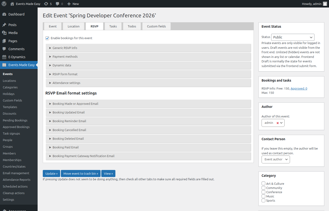 RSVP tab in the event editor showing booking settings, payment methods, and email template sections