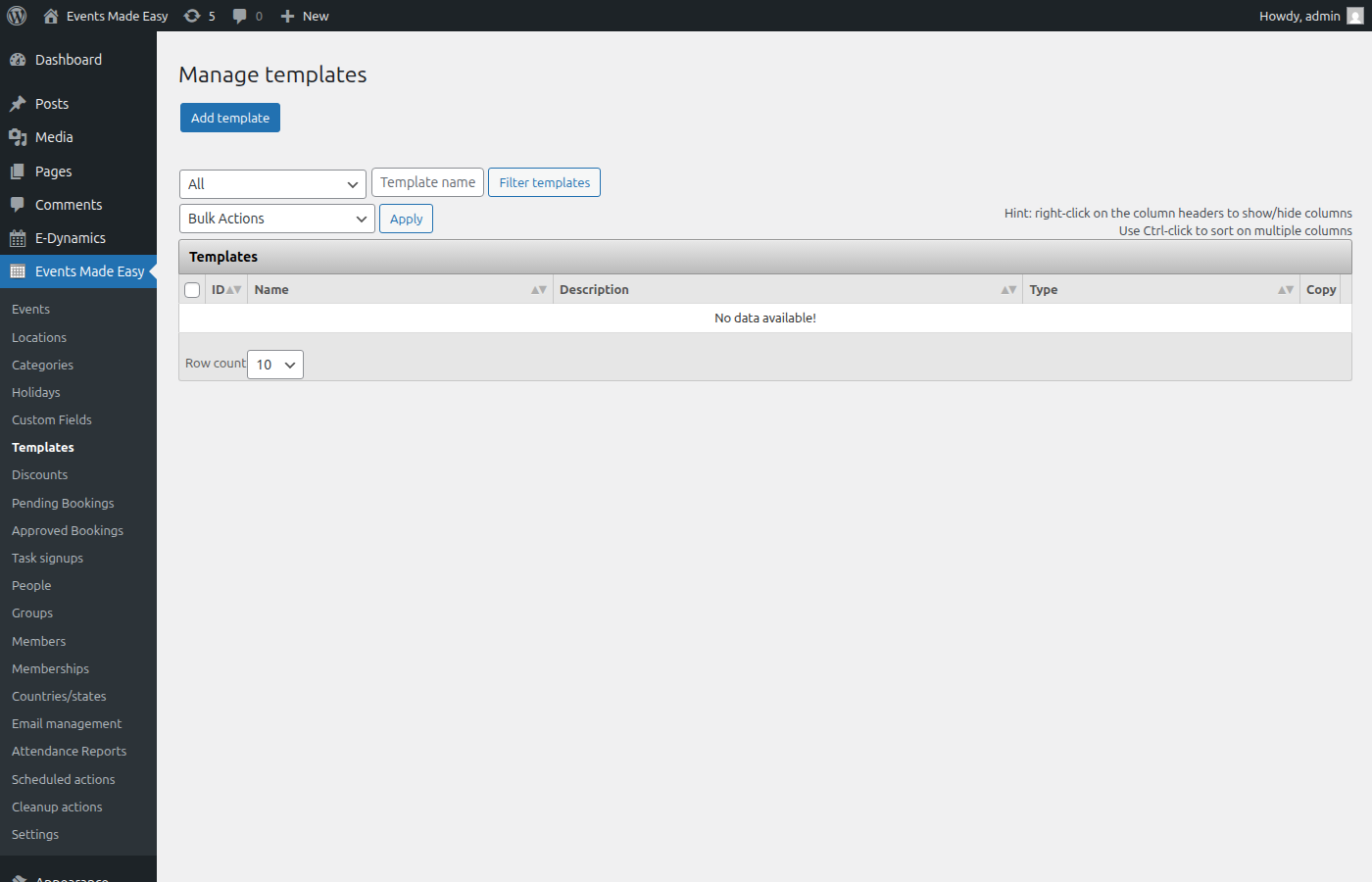 Templates management page for defining reusable format strings