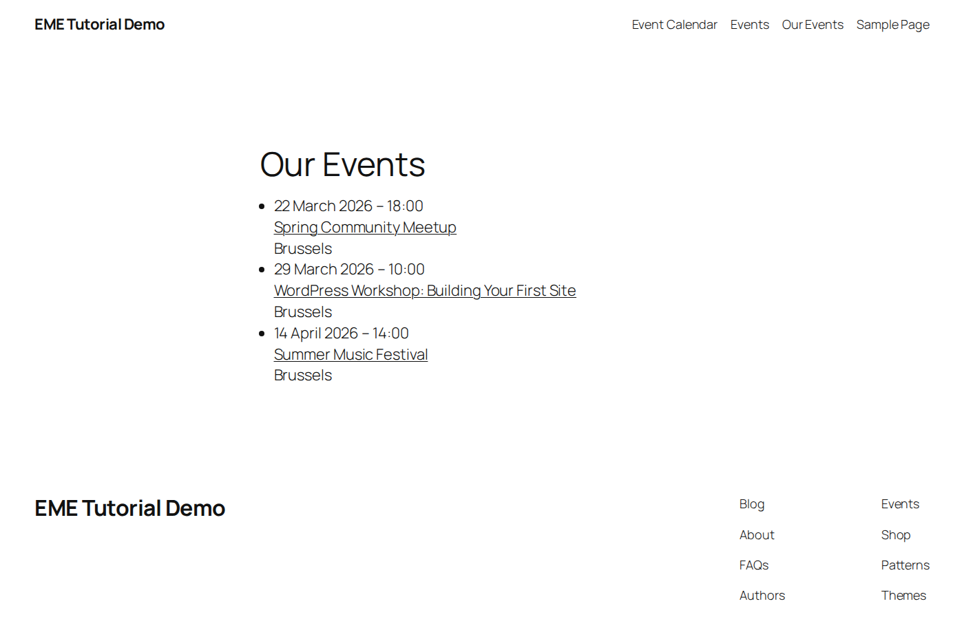 Frontend page showing a list of upcoming events with dates, names, and locations