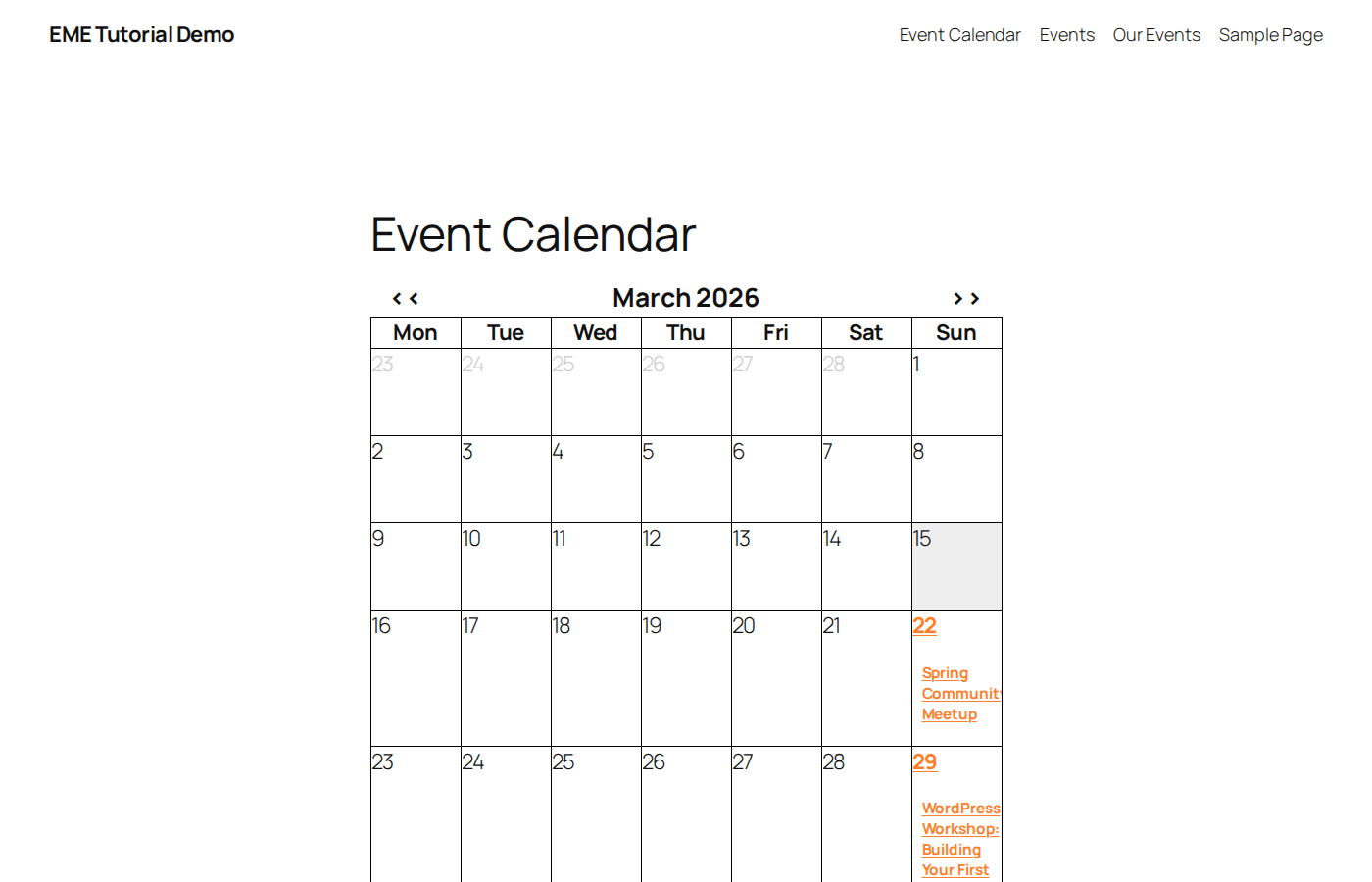 Full-width calendar showing March 2026 with events highlighted on their dates