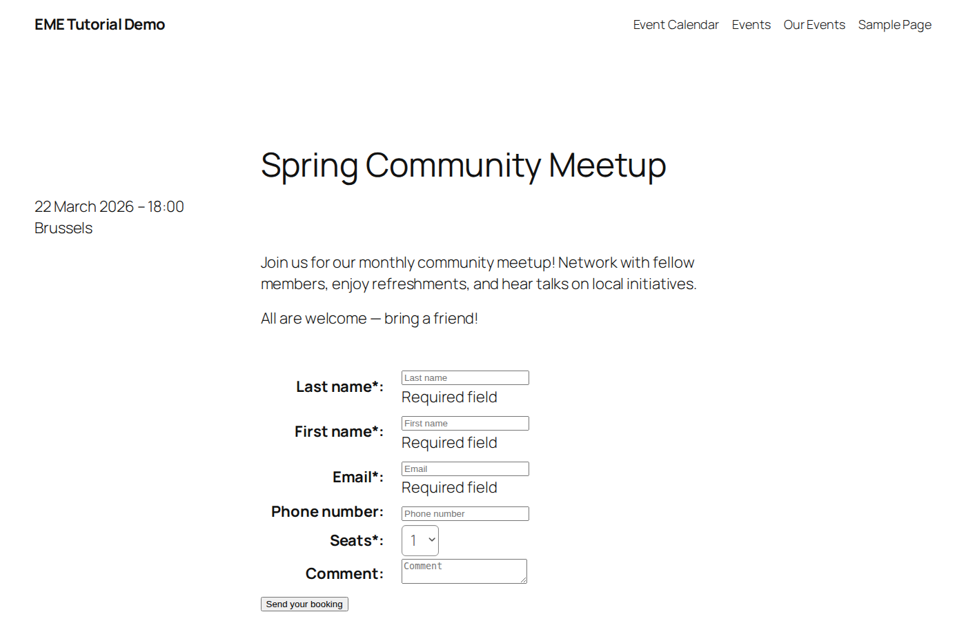 Single event page showing event details and the booking form with name, email, seats, and comment fields