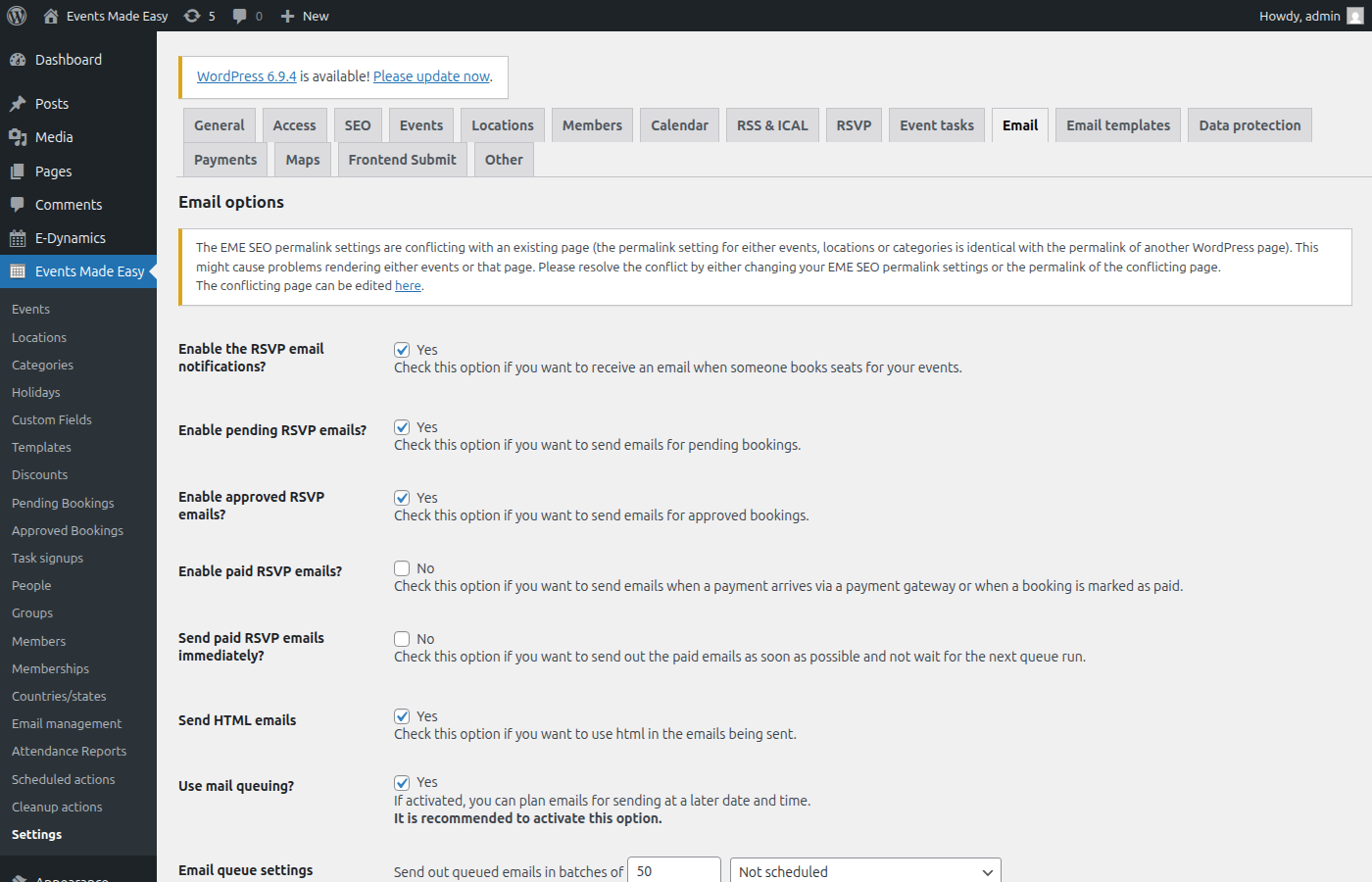 Email configuration settings with SMTP options