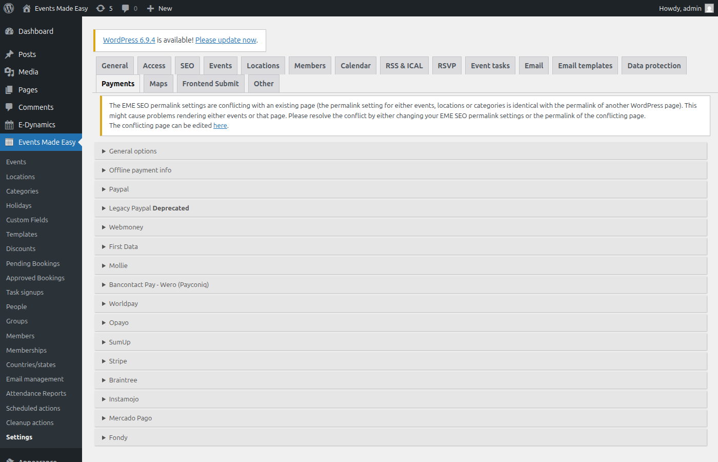 Payment settings showing all available gateways: PayPal, Mollie, Stripe, Braintree, Worldpay, and more