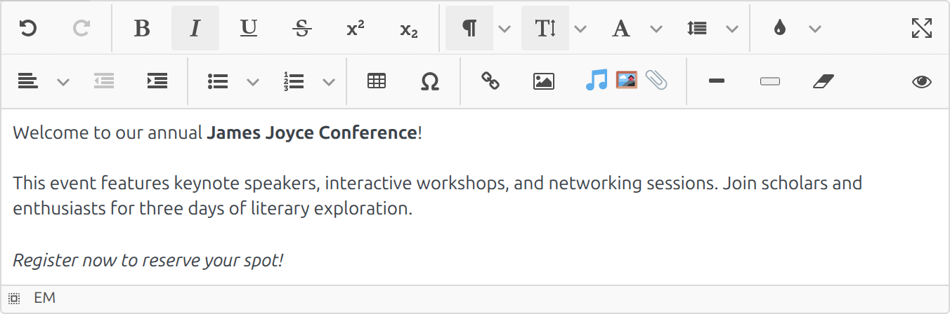 Jodit WYSIWYG editor with rich toolbar showing bold, italic, lists, tables, media insertion, and formatting options